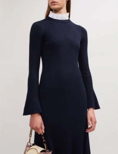 Shop Sandro Contrast Collar Knitted Midi Dress In Deep Navy