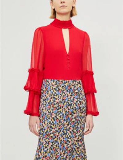 Shop Alexis Hiro Ruffle-trimmed Cutout Crepe Top In Red