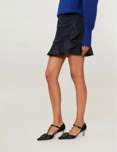 Shop Self-portrait Frilled-trim Lace Mini Skirt In Navy