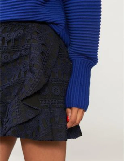 Shop Self-portrait Frilled-trim Lace Mini Skirt In Navy