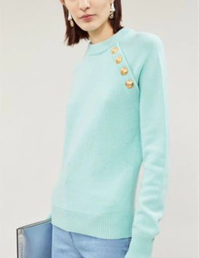Shop Balmain Button-embellished Wool And Cashmere-blend Jumper In Turquoise