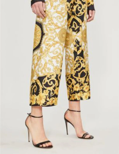 Shop Versace Baroque-print High-rise Wide Silk-twill Cropped Trousers In Gold Print