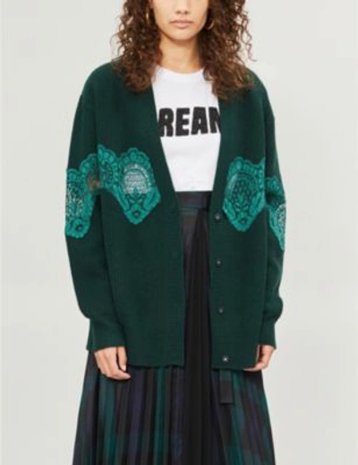 Shop Sandro Floral-lace Trimmed Wool-blend Cardigan In Bottle Green