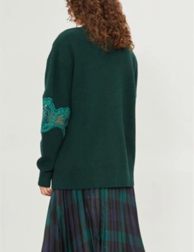 Shop Sandro Floral-lace Trimmed Wool-blend Cardigan In Bottle Green