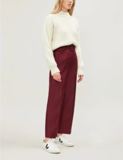 Shop Sandro Aloes Belted High-rise Wide-leg Cotton-blend Twill Trousers In Burgundy