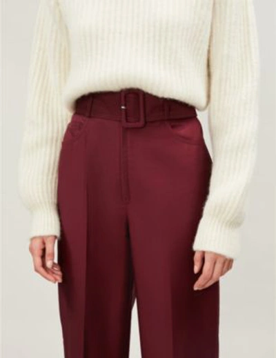 Shop Sandro Aloes Belted High-rise Wide-leg Cotton-blend Twill Trousers In Burgundy