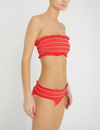 Shop Tory Burch Costa Ruffle-trimmed Bandeau Bikini Top In Poppy Red New Ivory