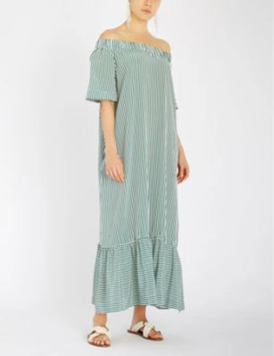 Shop Asceno Off-the-shoulder Striped Silk Crepe De Chine Midi Dress In Olive Dense Line