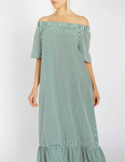 Shop Asceno Off-the-shoulder Striped Silk Crepe De Chine Midi Dress In Olive Dense Line