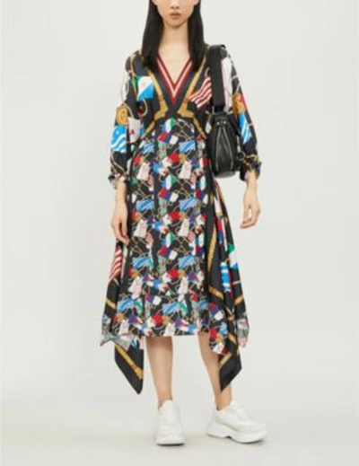 Shop Sandro Lauriane Contrast-print Flared-hem Silk Dress In Black