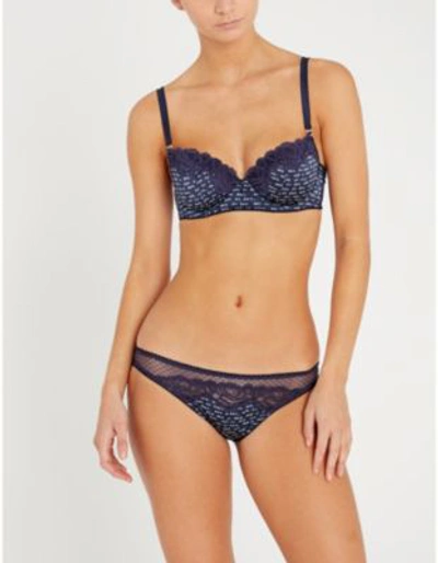 Shop Stella Mccartney Elle Leaping Printed Stretch-satin And Lace Briefs In Navy
