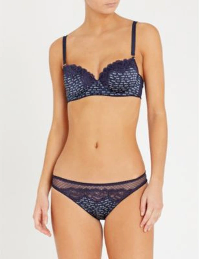Shop Stella Mccartney Elle Leaping Printed Stretch-satin And Lace Bra In Navy