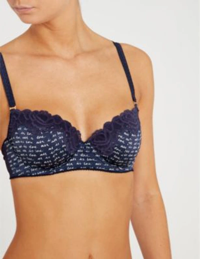 Shop Stella Mccartney Elle Leaping Printed Stretch-satin And Lace Bra In Navy