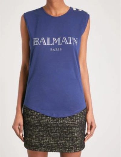 Shop Balmain Metallic Logo-print Cotton Top In Marine