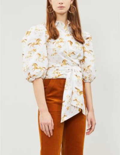 Shop Ganni Weston Horse-print Cotton Wrap Shirt In Bright Wht
