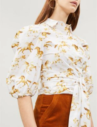 Shop Ganni Weston Horse-print Cotton Wrap Shirt In Bright Wht