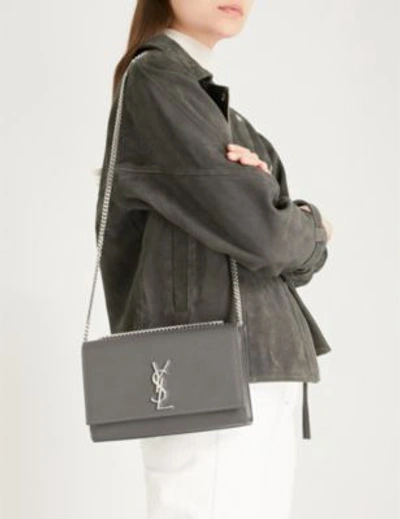 Shop Saint Laurent Grey And Silver Storm Monogram Kate Pebbled Leather Shoulder Bag In Storm Grey/silver