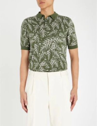 Shop John Smedley Kimball Leaf-patterned Cotton Polo Shirt In Sepal Green Brunel Beige