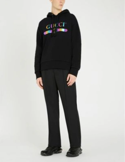 Shop Gucci Rainbow Logo-print Cotton-jersey Hoody In Black