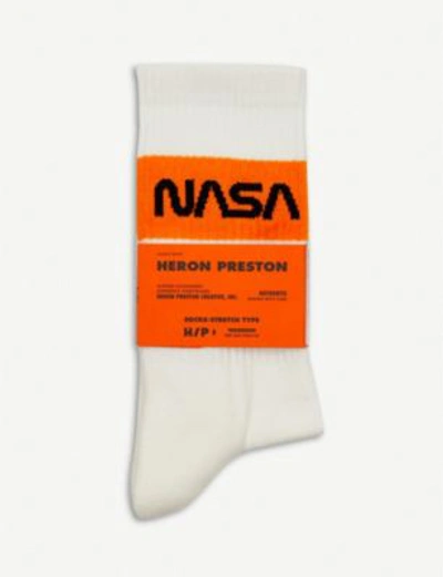 Shop Heron Preston Text-print Ribbed Cotton Crew Socks In White