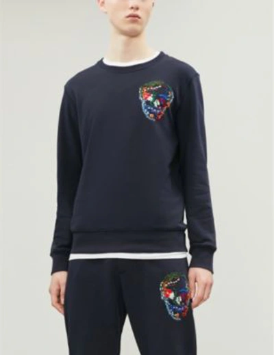 Shop Alexander Mcqueen Skull-embroidered Cotton-jersey Sweatshirt In Navy