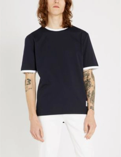 Shop Thom Browne Contrast-piping Cotton T-shirt In Navy