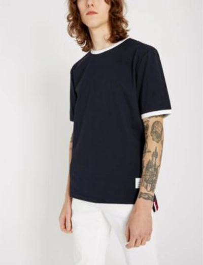 Shop Thom Browne Contrast-piping Cotton T-shirt In Navy