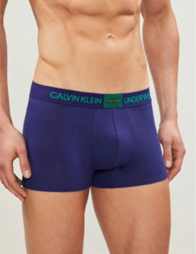 Shop Calvin Klein Monogram Regular-fit Stretch-cotton Trunks In Blue