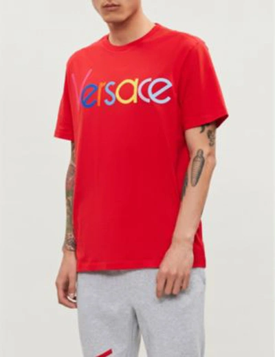 Shop Versace Logo-print Cotton-jersey T-shirt In Hot Red