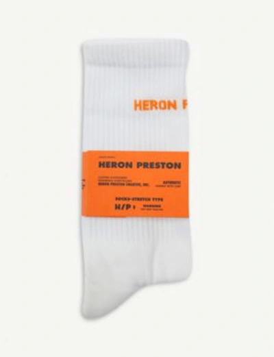 Shop Heron Preston Logo-embroidered Ribbed Cotton-blend Socks In White