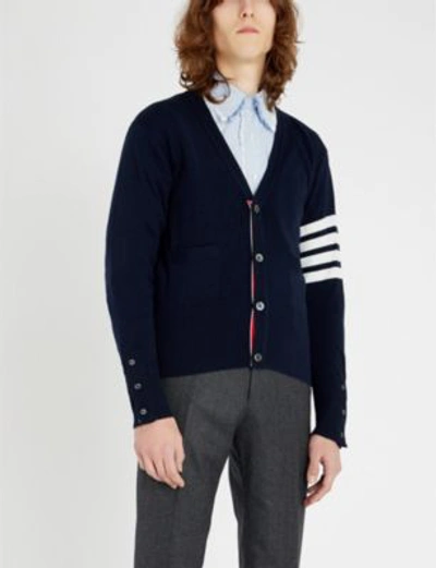 Shop Thom Browne Signature-stripe Cashmere Cardigan In Navy