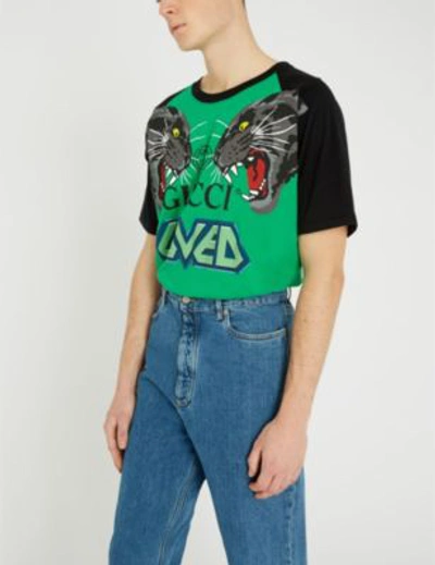 Shop Gucci Slogan-print Cotton-jersey T-shirt In Green