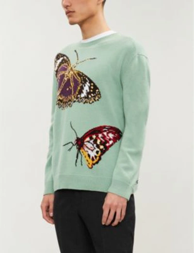 Shop Valentino Butterfly-intarsia Wool And Cashmere-blend Jumper In Green Water