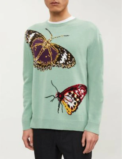 Shop Valentino Butterfly-intarsia Wool And Cashmere-blend Jumper In Green Water