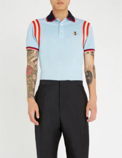 Shop Gucci Bee-embroidered Cotton-piqué Polo Shirt In Pale Blue