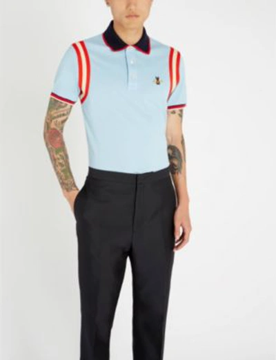 Shop Gucci Bee-embroidered Cotton-piqué Polo Shirt In Pale Blue
