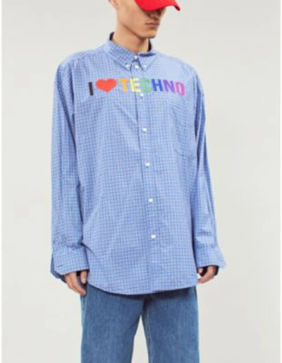Shop Balenciaga I Love Techno Oversized-fit Cotton-jersey Shirt In Blue/white