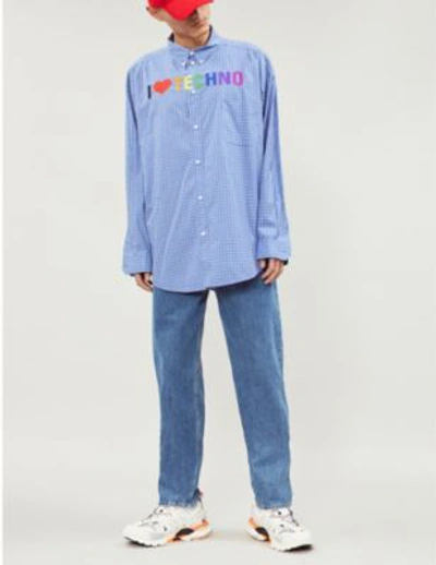 Shop Balenciaga I Love Techno Oversized-fit Cotton-jersey Shirt In Blue/white