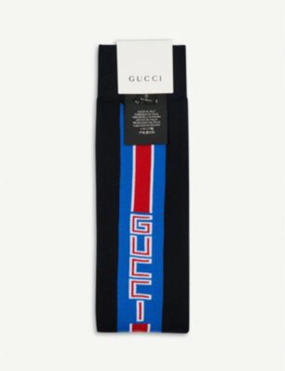 Shop Gucci Logo Print Cotton Intarsia Socks In Navy