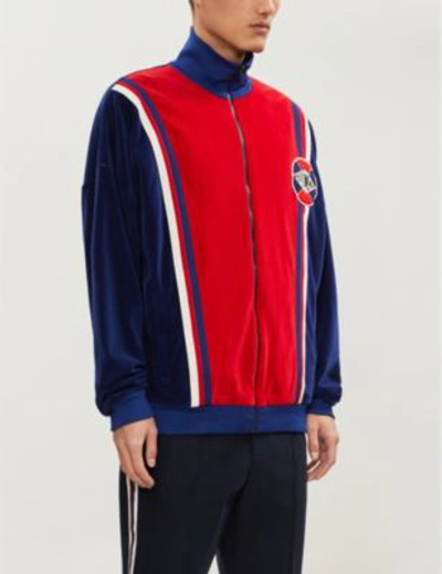 Shop Gucci Logo-badge Velour And Stretch-jersey Jacket In Navy