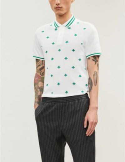 Bee-embroidered Stretch Cotton-piqué Polo Shirt In White Green
