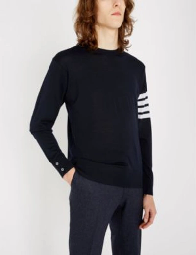 Shop Thom Browne Striped Long-sleeved Crewneck Wool Jumper In Navy