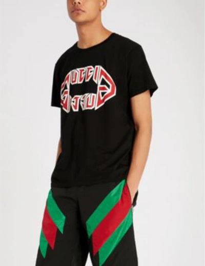 Shop Gucci Flipped Metal Logo Cotton-jersey T-shirt In Black