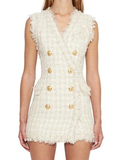 Shop Balmain Tweed Vest Dress In White