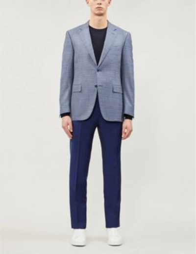 Shop Canali Slim-fit Straight Wool And Mohair-blend Trousers In Navy