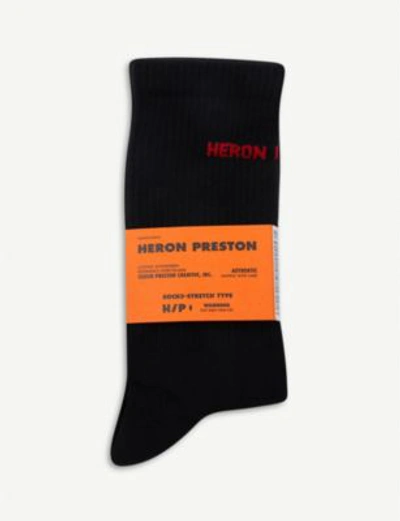 Shop Heron Preston Logo-embroidered Ribbed Cotton-blend Socks In Black