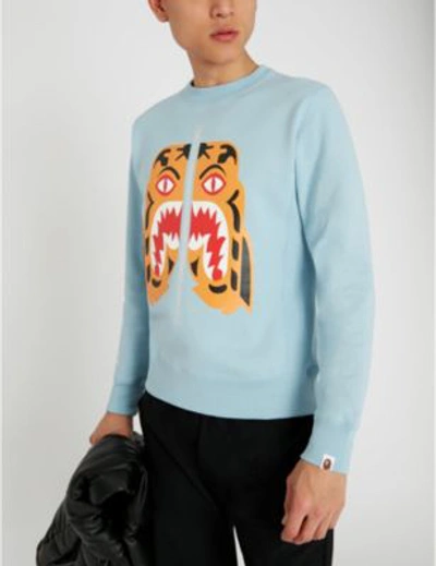 Shop A Bathing Ape Tiger-motif Cotton-jersey Sweatshirt In Sax