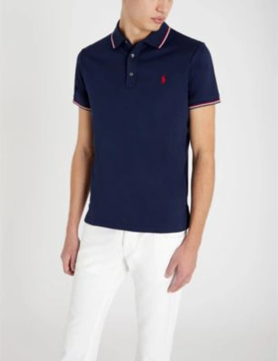 Shop Polo Ralph Lauren Striped-trim Cotton Polo Shirt In French Navy