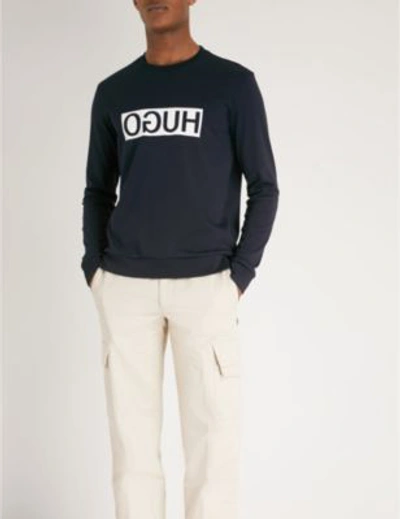 Shop Hugo Reverse Logo Cotton-jersey Sweatshirt In Navy