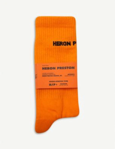 Shop Heron Preston Logo-embroidered Ribbed Cotton-blend Socks In Orange